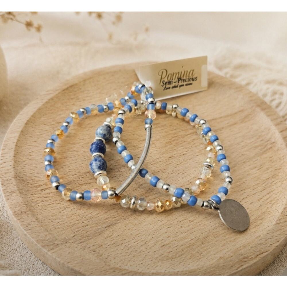 Pomina Blue Beaded Stretch Bracelet Stack New